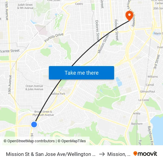 Mission St & San Jose Ave/Wellington Ave to Mission, Sf map