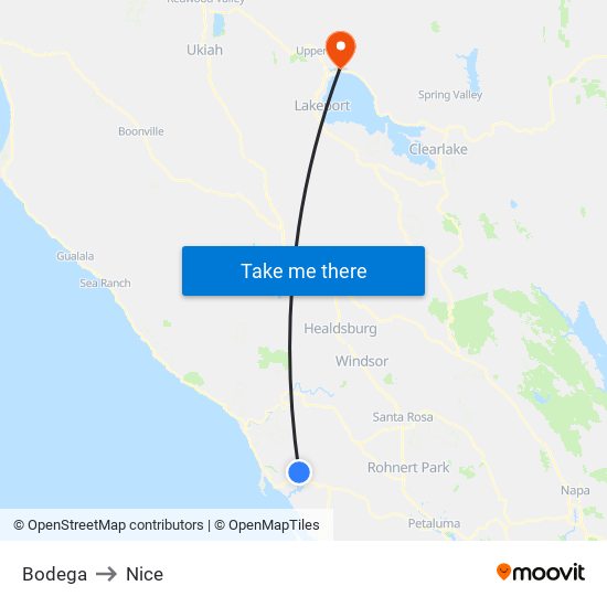 Bodega to Nice map