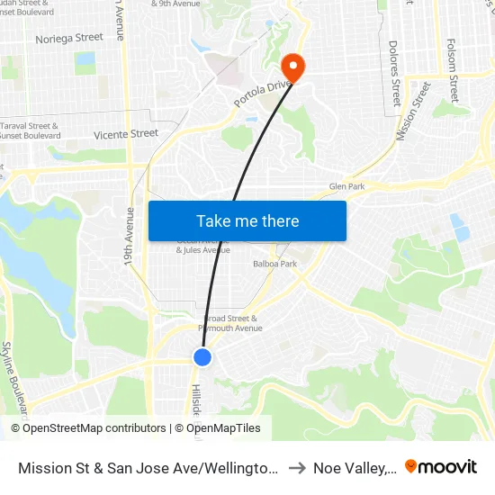 Mission St & San Jose Ave/Wellington Ave to Noe Valley, Sf map
