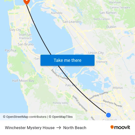 Winchester Mystery House to North Beach map