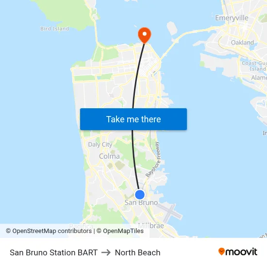 San Bruno Station BART to North Beach map