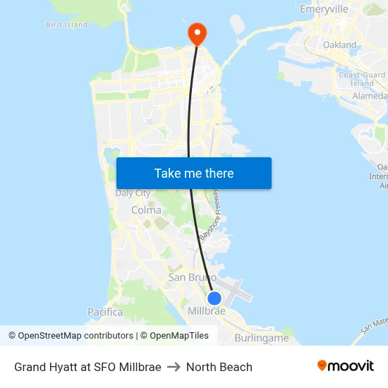 Grand Hyatt at SFO Millbrae to North Beach map