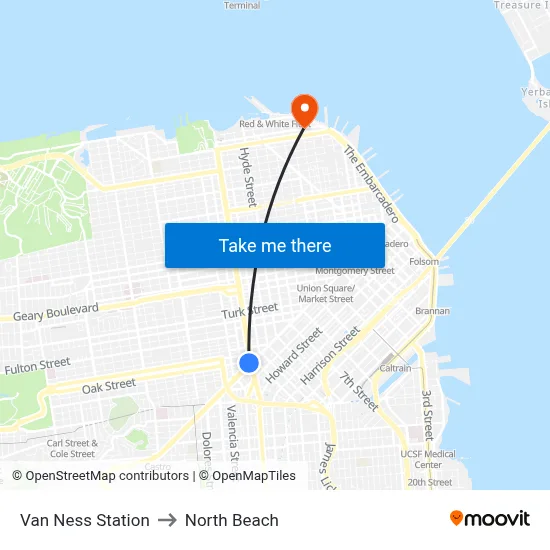Van Ness Station to North Beach map