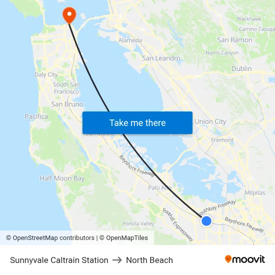 Sunnyvale Caltrain Station to North Beach map