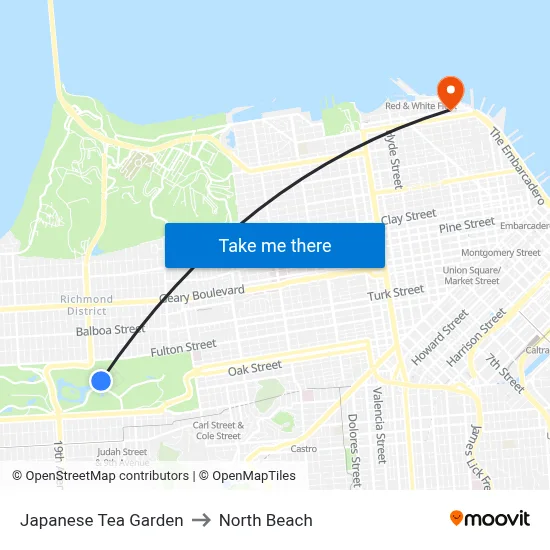 Japanese Tea Garden to North Beach map