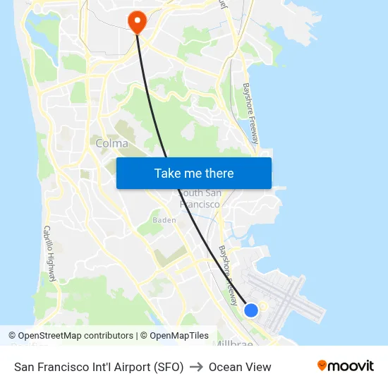 San Francisco Int'l Airport (SFO) to Ocean View map