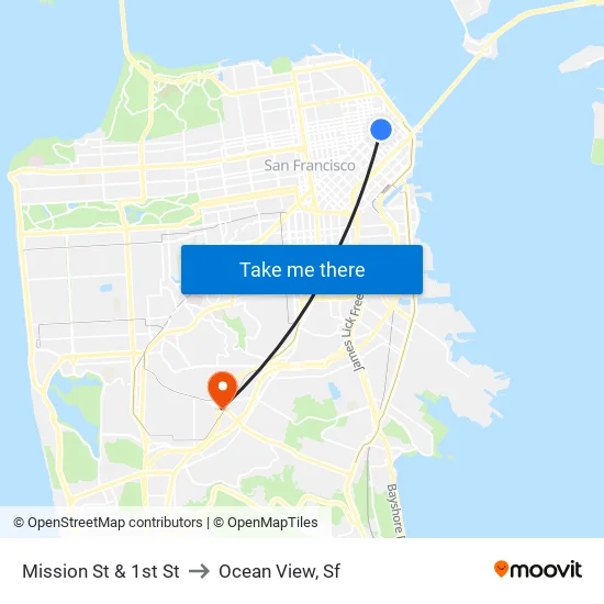 Mission St & 1st St to Ocean View, Sf map