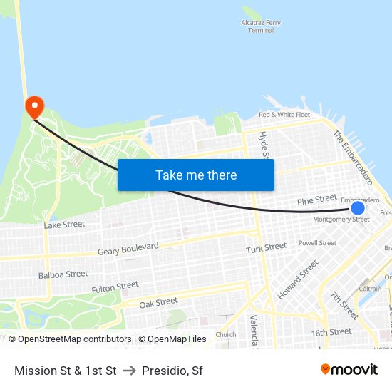 Mission St & 1st St to Presidio, Sf map