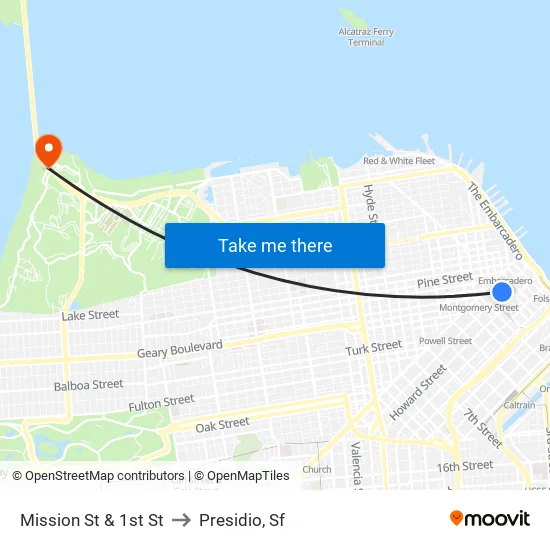 Mission St & 1st St to Presidio, Sf map