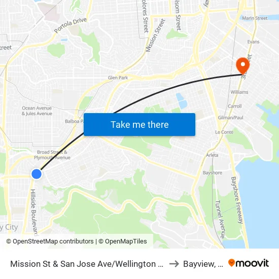 Mission St & San Jose Ave/Wellington Ave to Bayview, Sf map