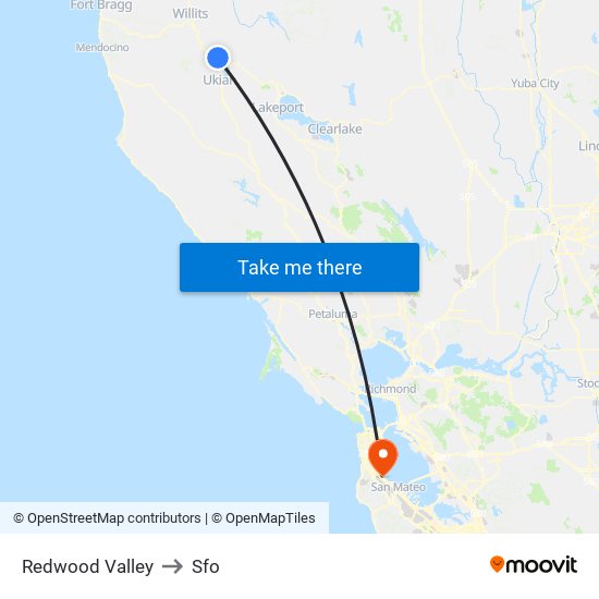 Redwood Valley to Sfo map