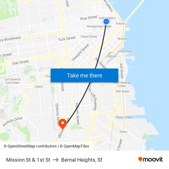 Mission St & 1st St to Bernal Heights, Sf map