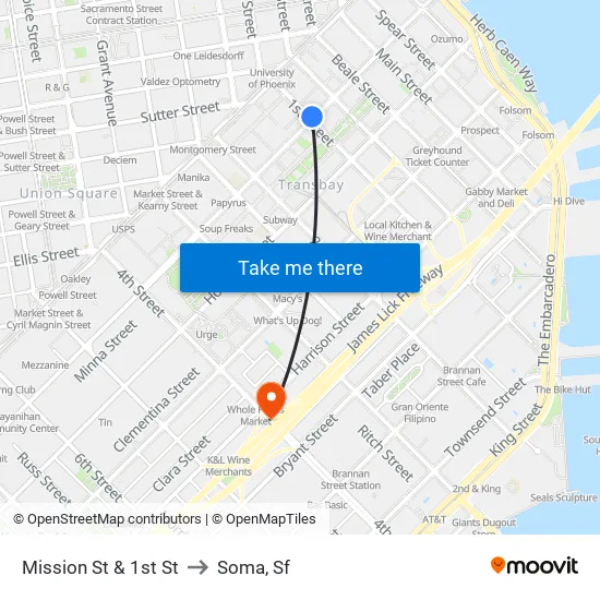 Mission St & 1st St to Soma, Sf map