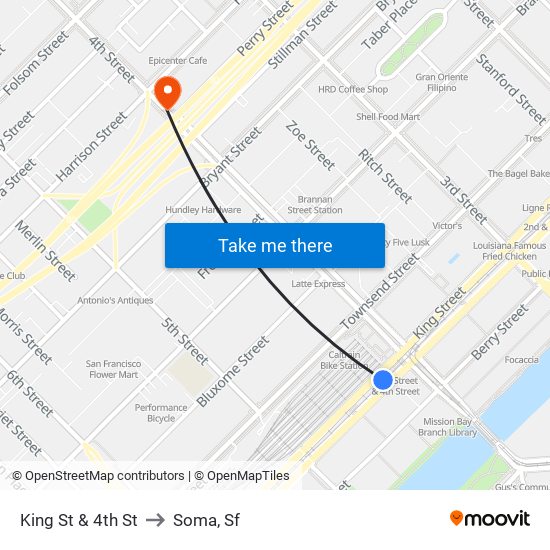 King St & 4th St to Soma, Sf map