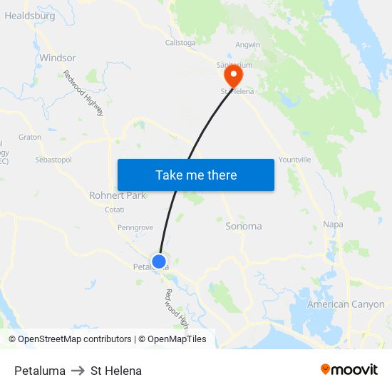 Petaluma to St Helena map