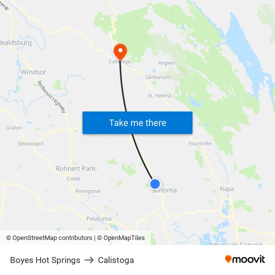 Boyes Hot Springs to Calistoga map