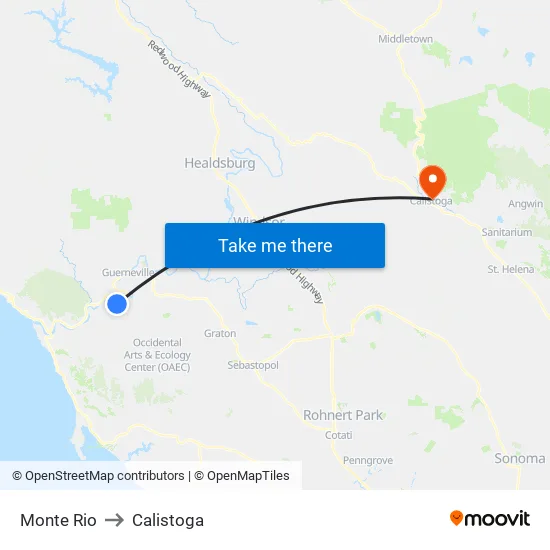 Monte Rio to Calistoga map