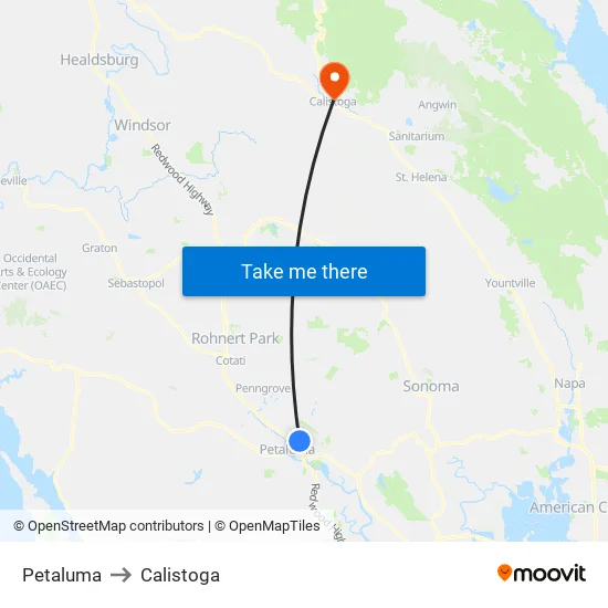 Petaluma to Calistoga map