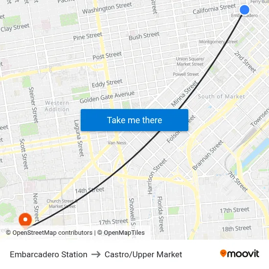 Embarcadero Station to Castro/Upper Market map