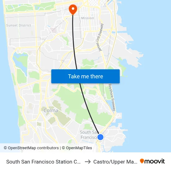 South San Francisco Station Caltrain to Castro/Upper Market map