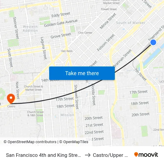 San Francisco 4th and King Street Station to Castro/Upper Market map