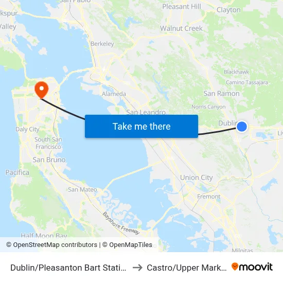 Dublin/Pleasanton Bart Station to Castro/Upper Market map