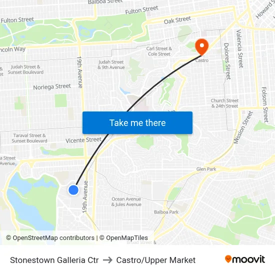 Stonestown Galleria Ctr to Castro/Upper Market map