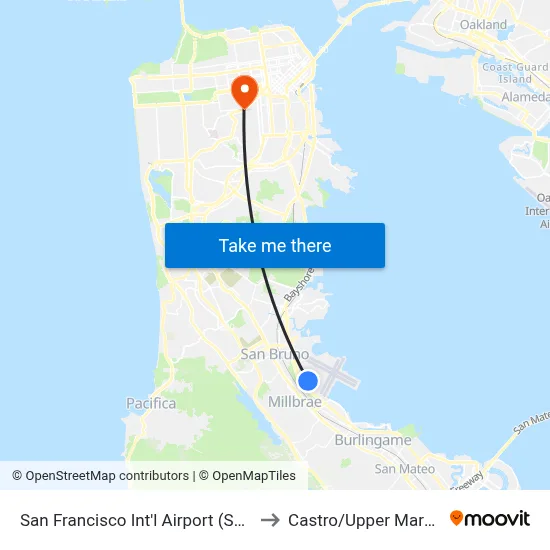 San Francisco Int'l Airport (SFO) to Castro/Upper Market map