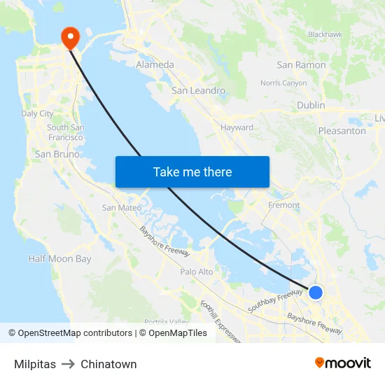 Milpitas to Chinatown map