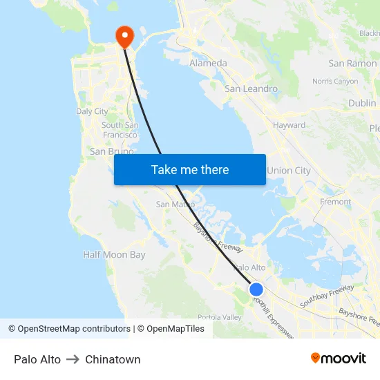 Palo Alto to Chinatown map
