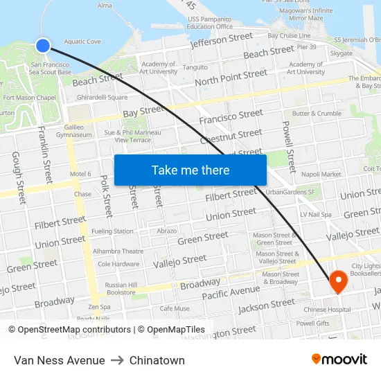 Van Ness Avenue to Chinatown map