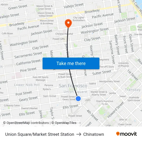 Union Square/Market Street Station to Chinatown map