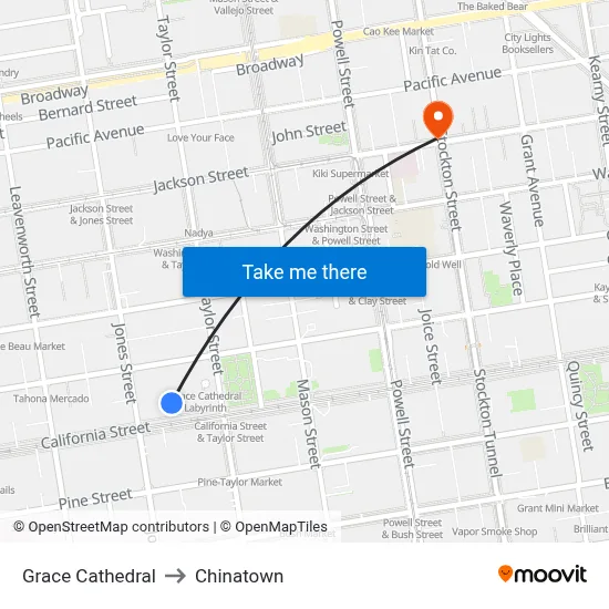 Grace Cathedral to Chinatown map