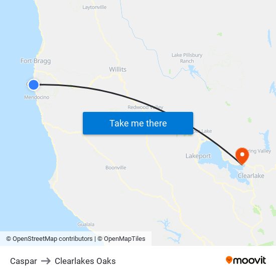Caspar to Clearlakes Oaks map