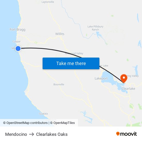 Mendocino to Clearlakes Oaks map