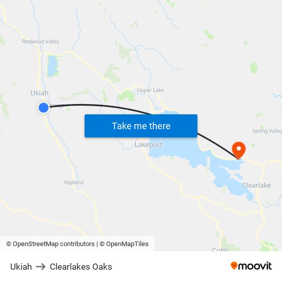 Ukiah to Clearlakes Oaks map