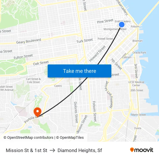 Mission St & 1st St to Diamond Heights, Sf map