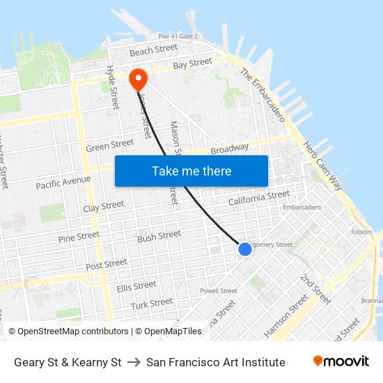 Geary St & Kearny St to San Francisco Art Institute map