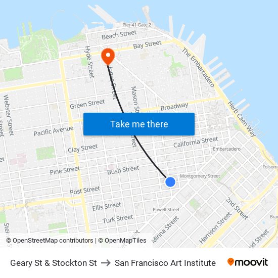 Geary St & Stockton St to San Francisco Art Institute map