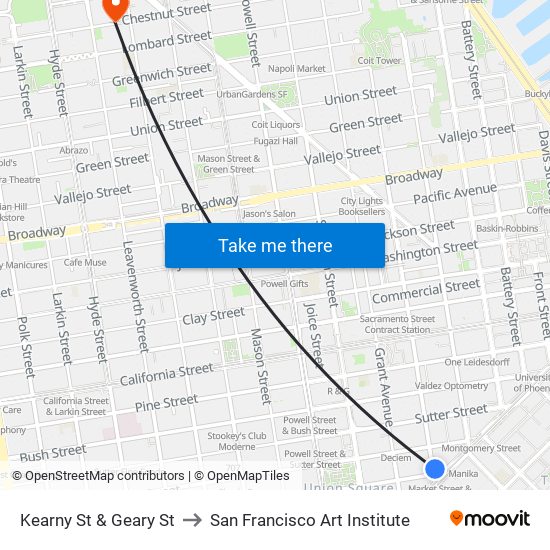 Kearny St & Geary St to San Francisco Art Institute map