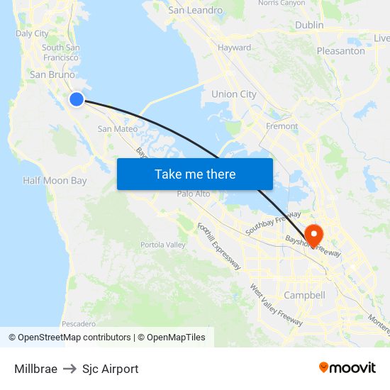 Millbrae to Sjc Airport map