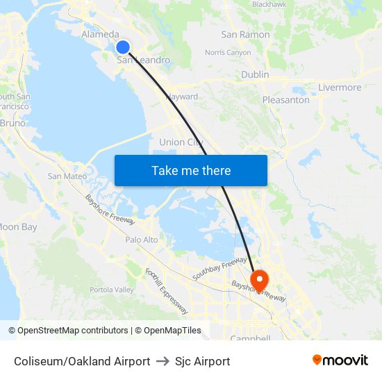 Coliseum/Oakland Airport to Sjc Airport map