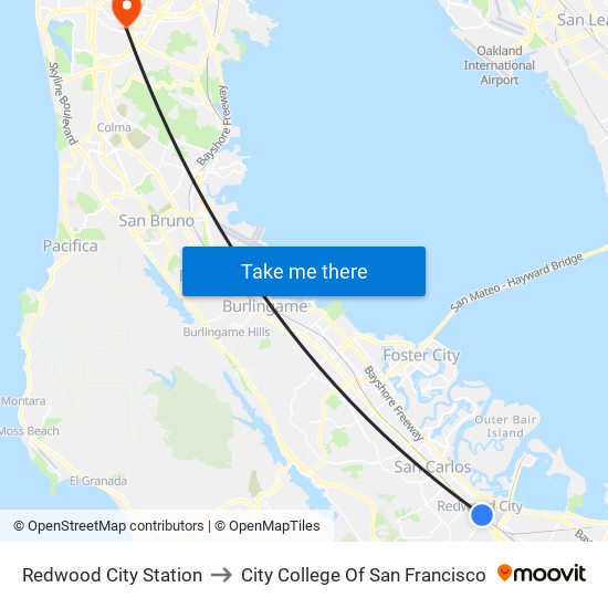 Redwood City Station to City College Of San Francisco map