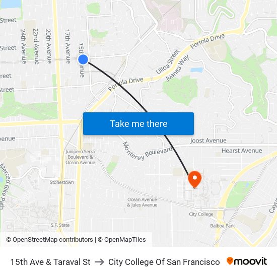 15th Ave & Taraval St to City College Of San Francisco map