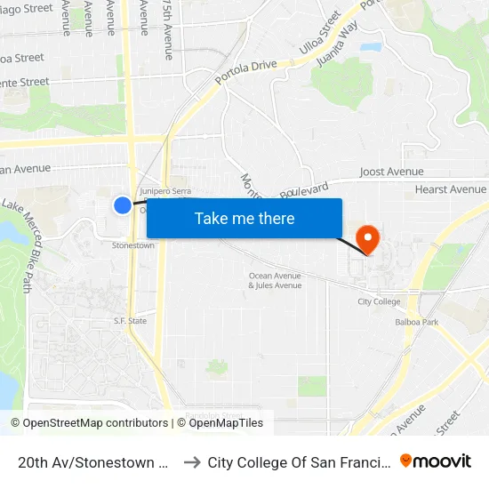 20th Av/Stonestown Mall to City College Of San Francisco map