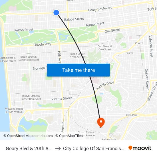 Geary Blvd & 20th Ave to City College Of San Francisco map