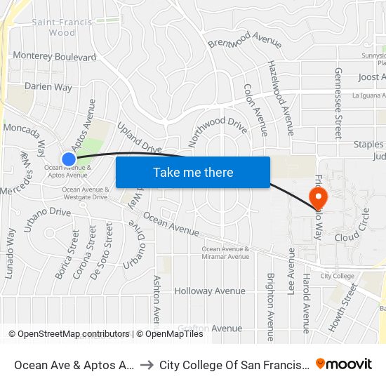 Ocean Ave & Aptos Ave to City College Of San Francisco map