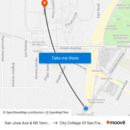 San Jose Ave & Mt Vernon Ave to City College Of San Francisco map