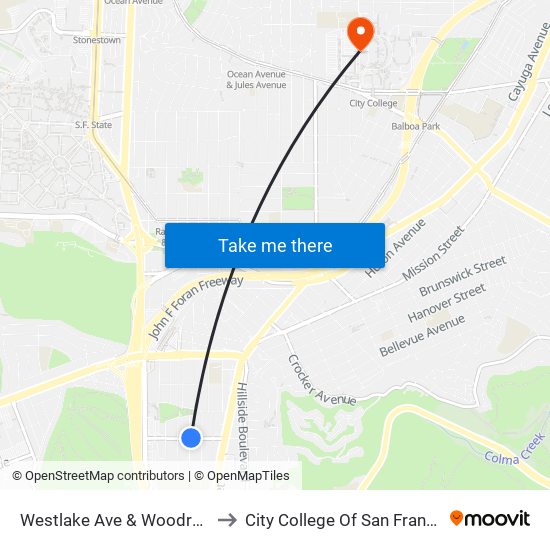 Westlake Ave & Woodrow St to City College Of San Francisco map