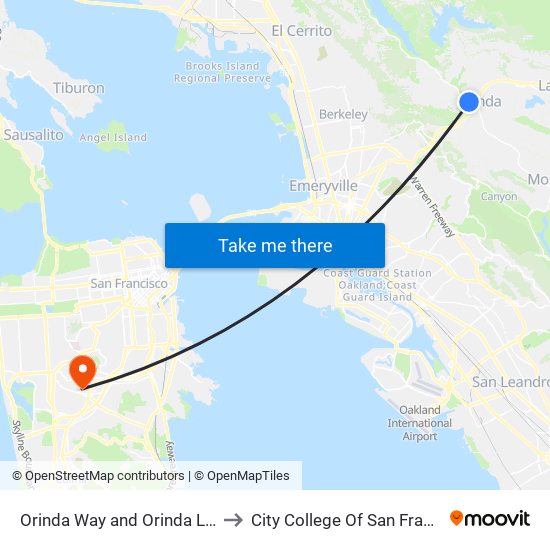 Orinda Way and Orinda Library to City College Of San Francisco map